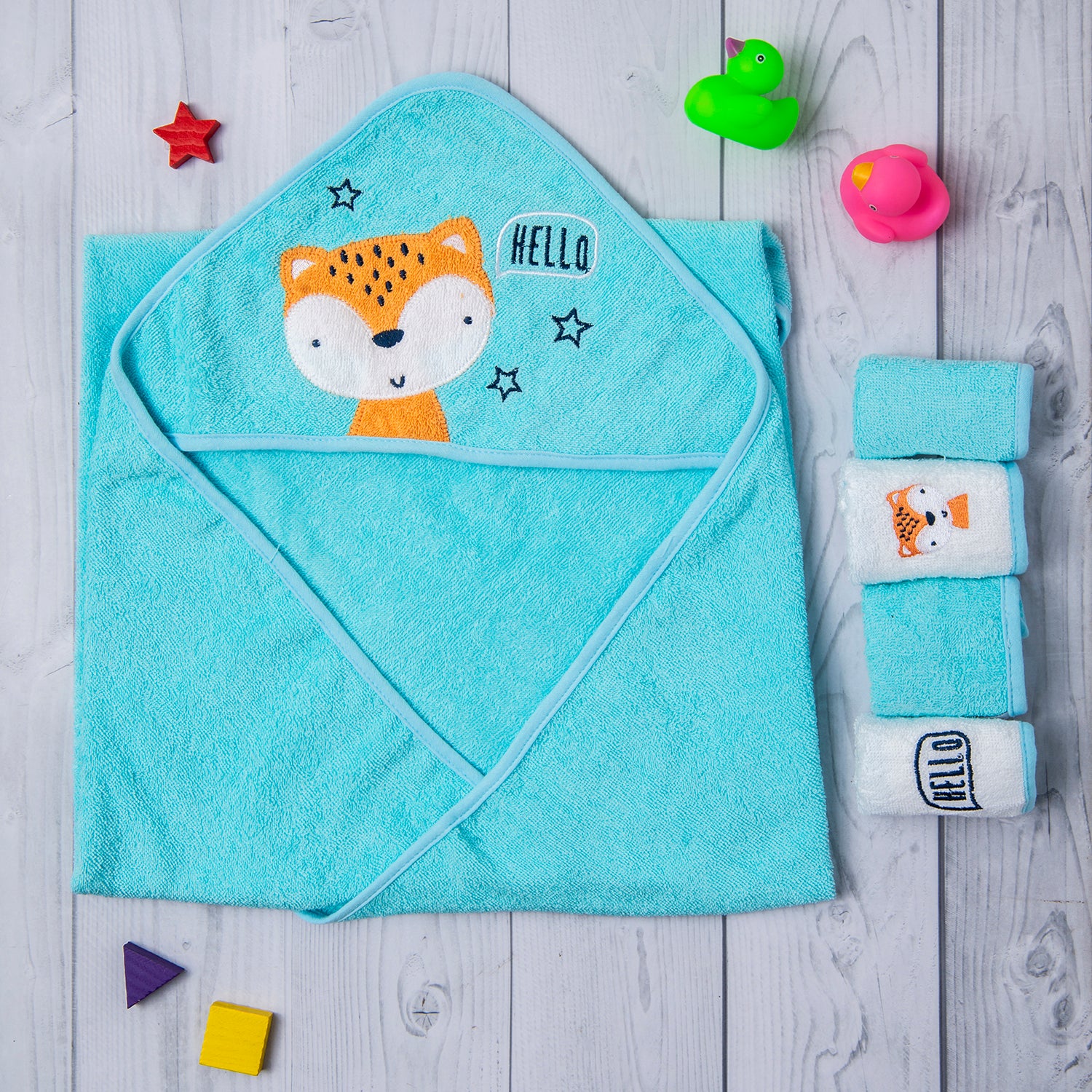 Hooded Towel And 4 Wash Cloth Gift Set Hello Fox Blue - Baby Moo
