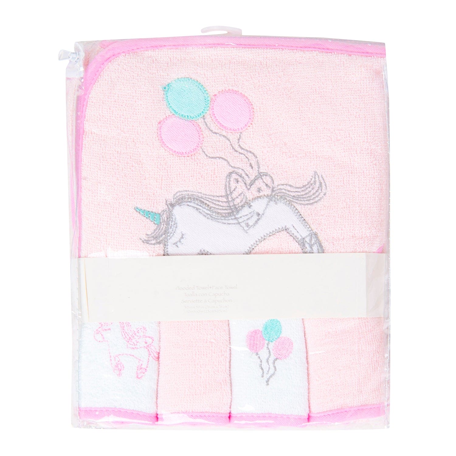 Hooded Towel And 4 Wash Cloth Gift Set Unicorn Balloon Pink - Baby Moo