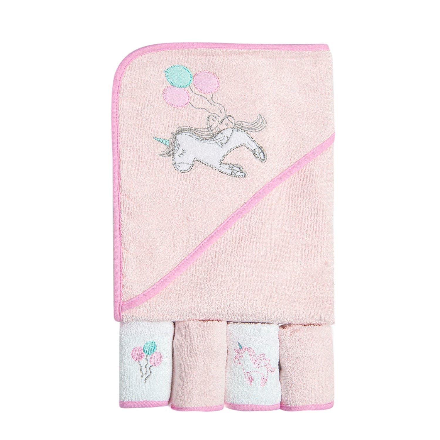 Hooded Towel And 4 Wash Cloth Gift Set Unicorn Balloon Pink - Baby Moo