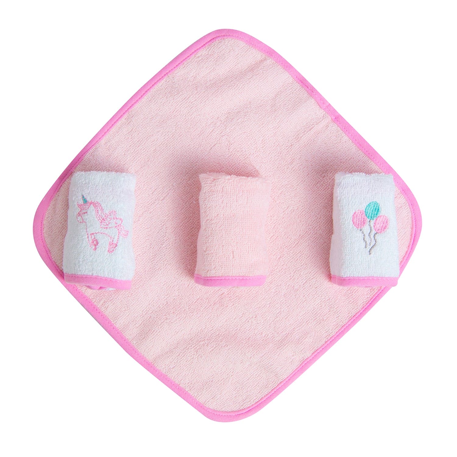 Hooded Towel And 4 Wash Cloth Gift Set Unicorn Balloon Pink - Baby Moo