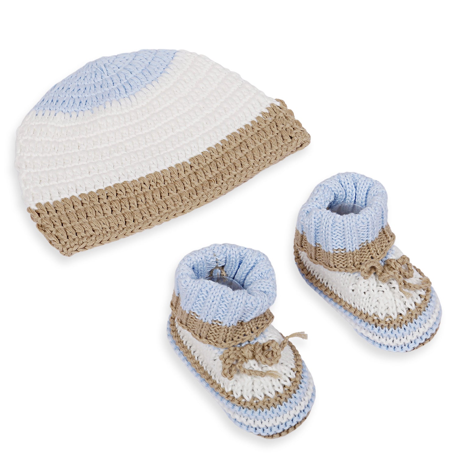 Cap And Booties Gift Set Soft Knitted Blue And White