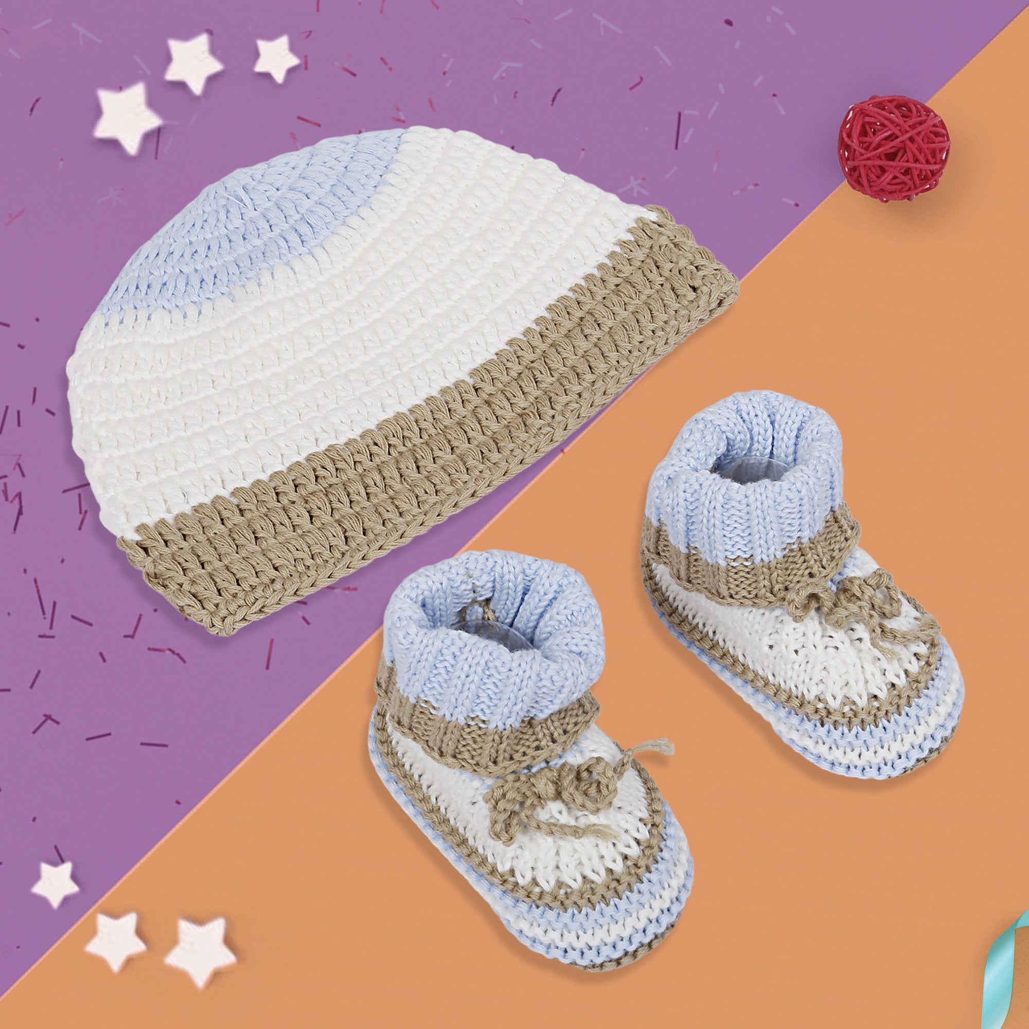 Cap And Booties Gift Set Soft Knitted Blue And White - Baby Moo