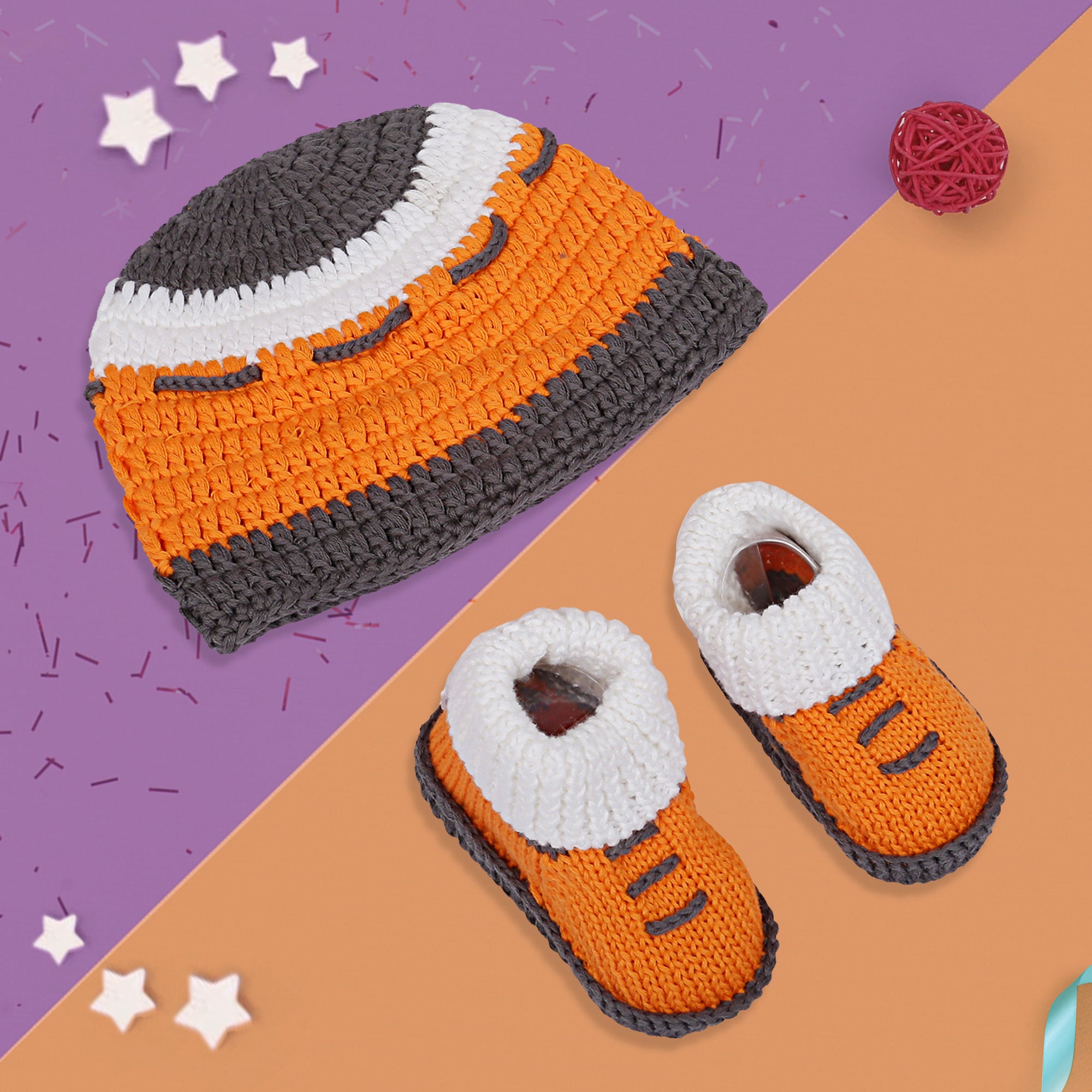 Cap And Booties Gift Set Soft Knitted Orange
