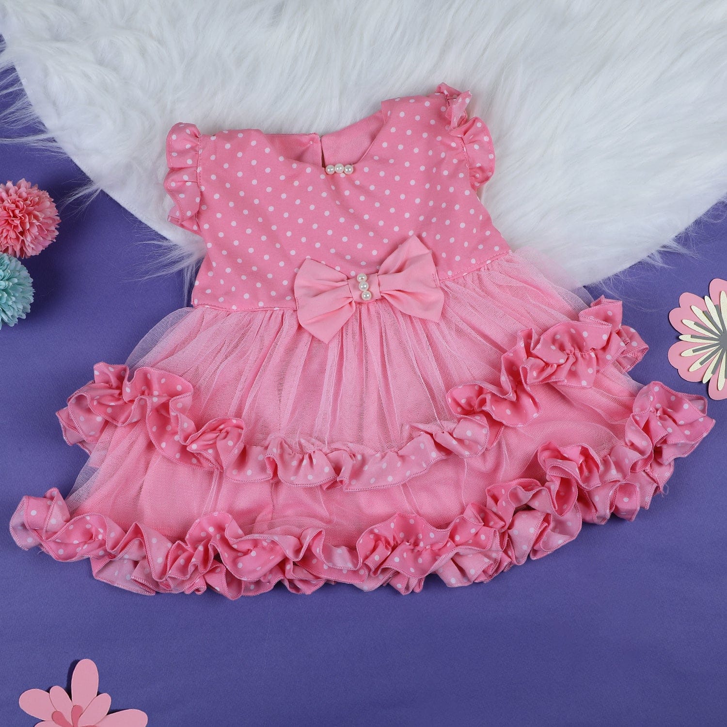 Baby Moo Polka Dot With Pearl And Bow Detail Frilly Layered Party Dress - Pink - Baby Moo