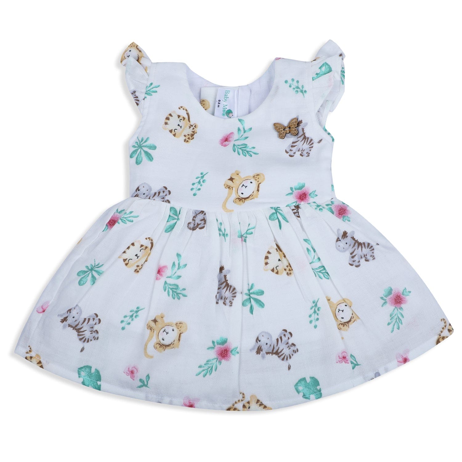 Baby Moo Lion And Zebra Flutter Sleeves Muslin Dress - White - Baby Moo