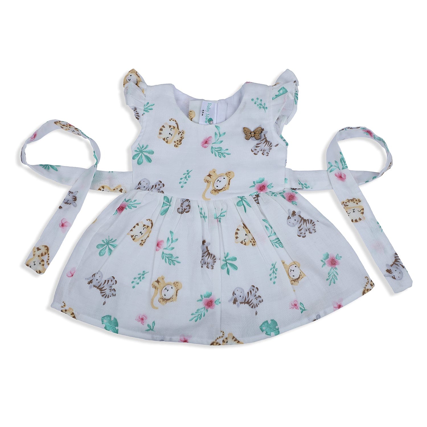 Baby Moo Lion And Zebra Flutter Sleeves Muslin Dress - White - Baby Moo