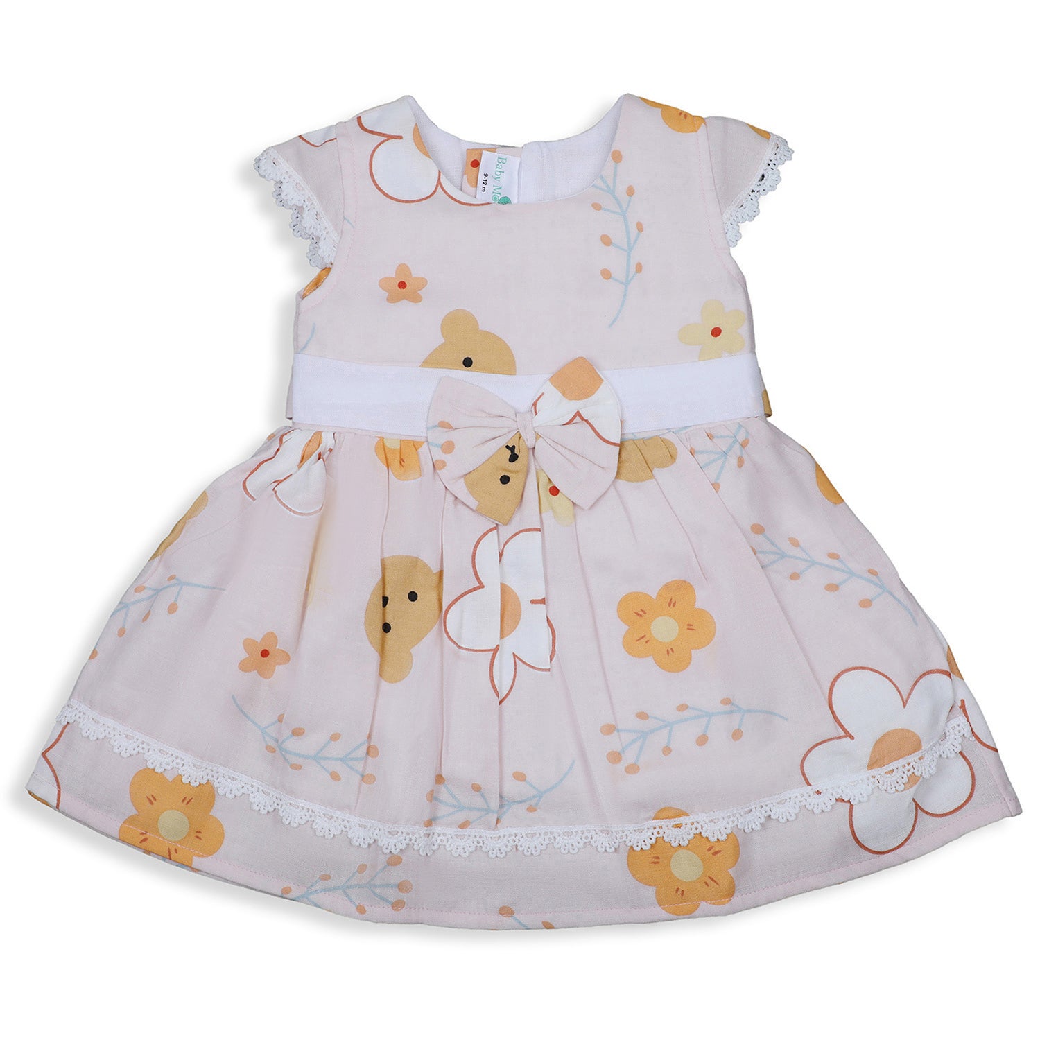 Baby Moo Floral Teddy Bow With Short Sleeves Muslin Dress - Peach - Baby Moo