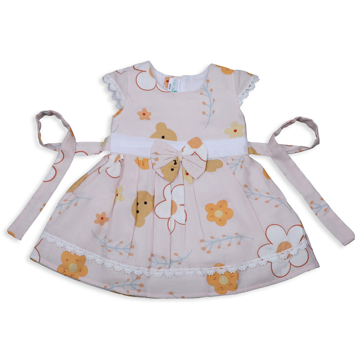Baby Moo Floral Teddy Bow With Short Sleeves Muslin Dress - Peach - Baby Moo