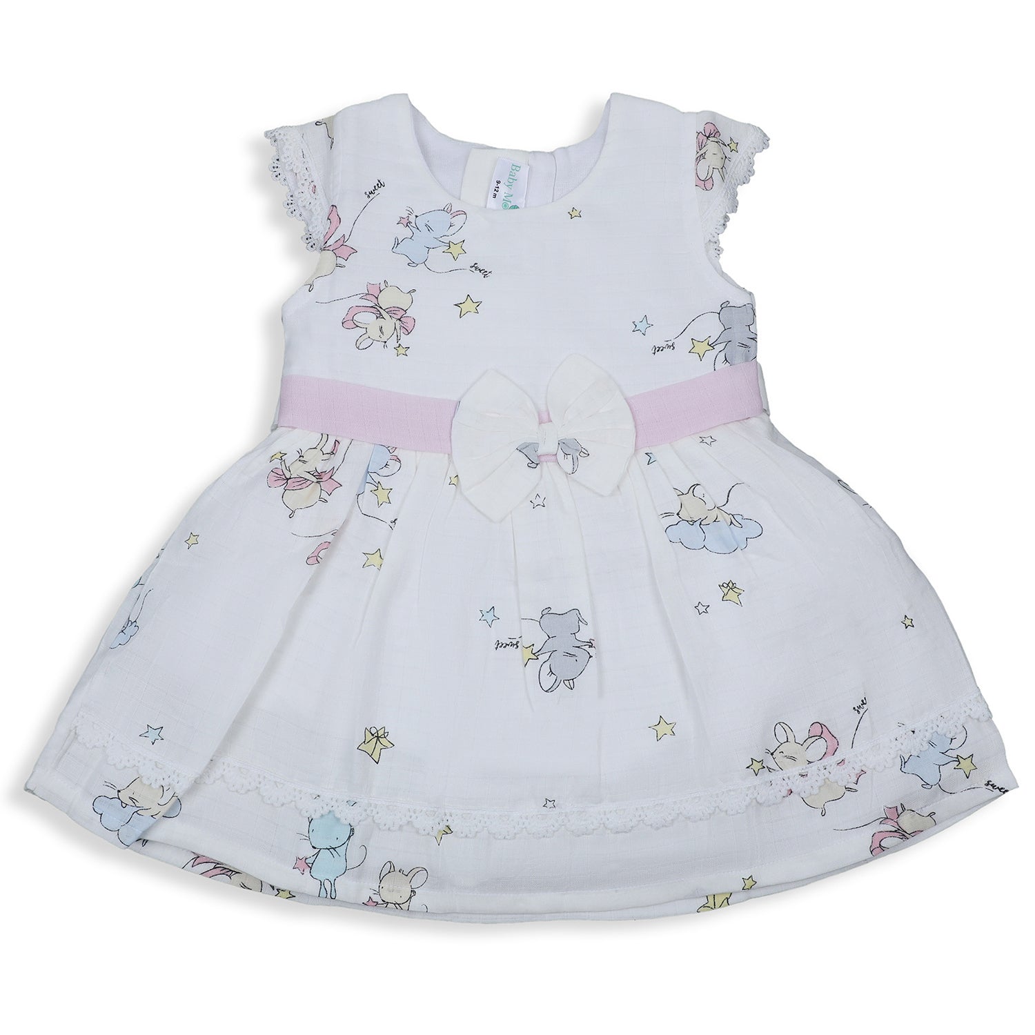 Baby Moo Soft In Cloud Bow With Short Sleeves Muslin Dress - Pink