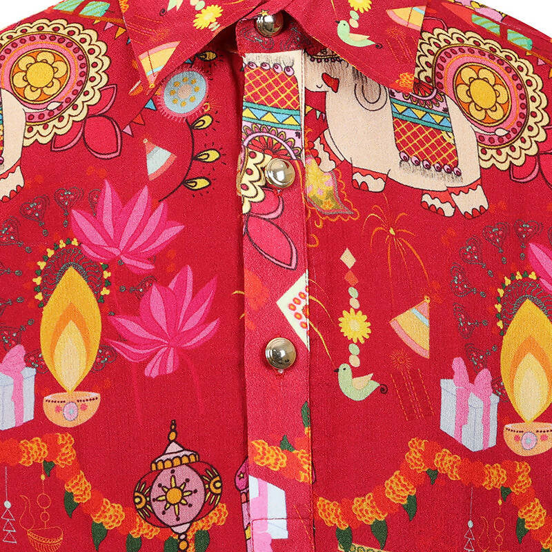 Rang Festive Printed Cotton Kurta And Dhoti Set - Red