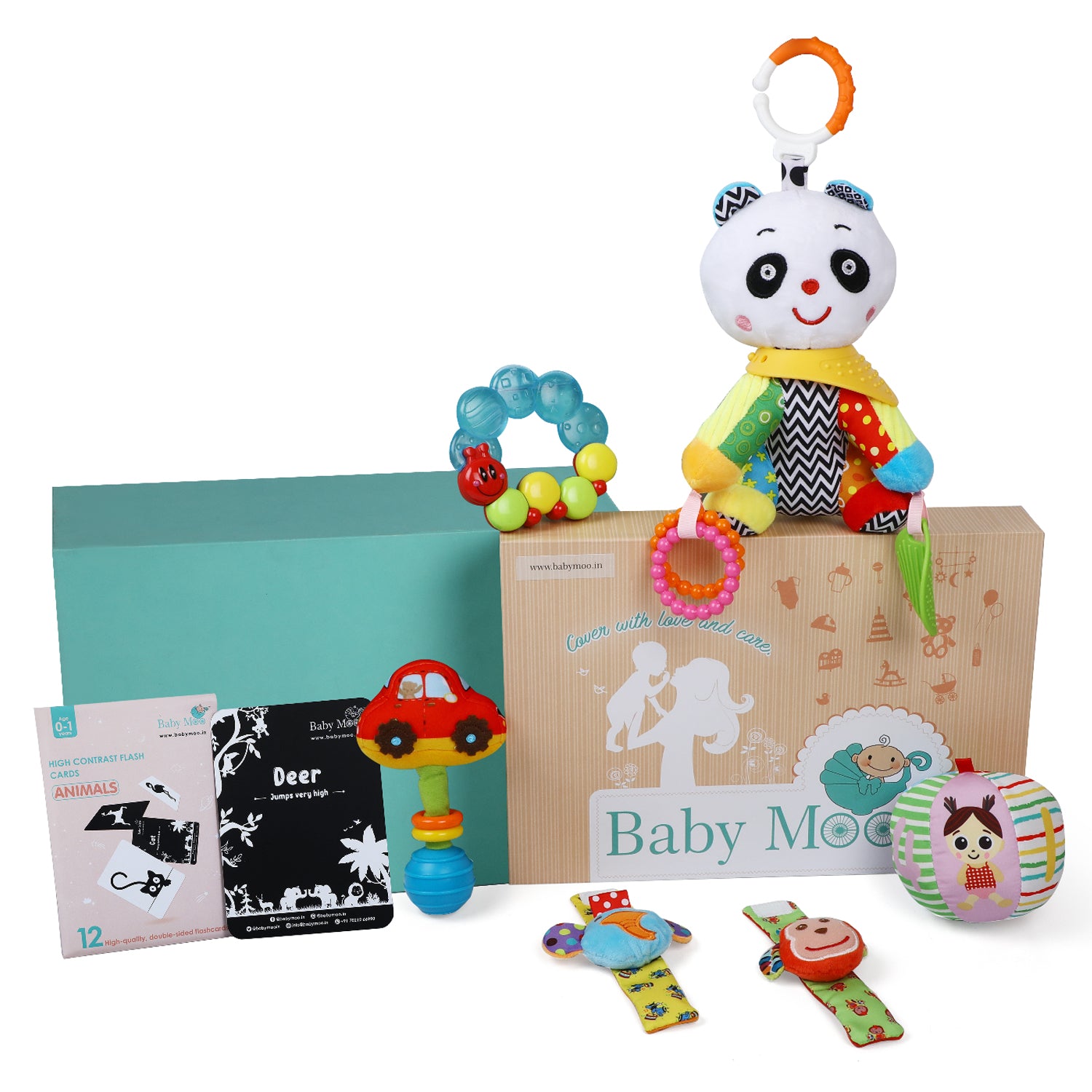 Newborn Play Kit With High Contrast Cards, Toy Rattles And Teethers 6 Items 0-12M - Multicolour