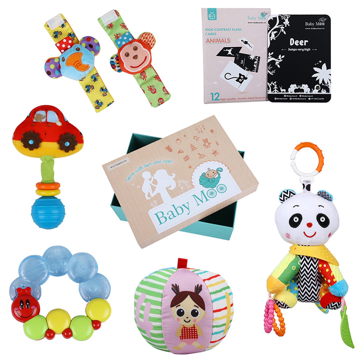 Newborn Play Kit With High Contrast Cards, Toy Rattles And Teethers 6 Items 0-12M - Multicolour - Baby Moo