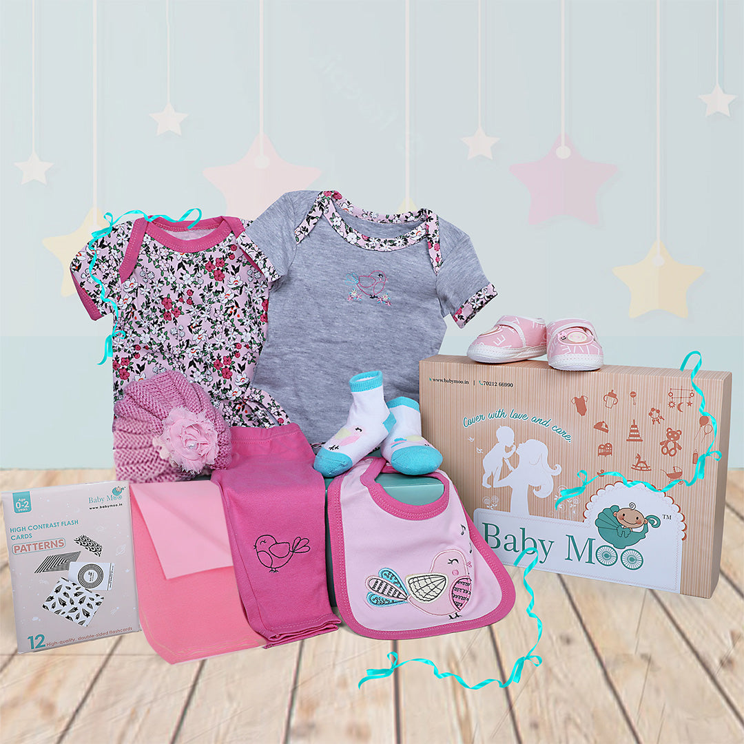 Baby Moo Pretty in Pink Little Girl 9 Pcs Gift Hamper - 0-9M Sizes Available - Baby Moo