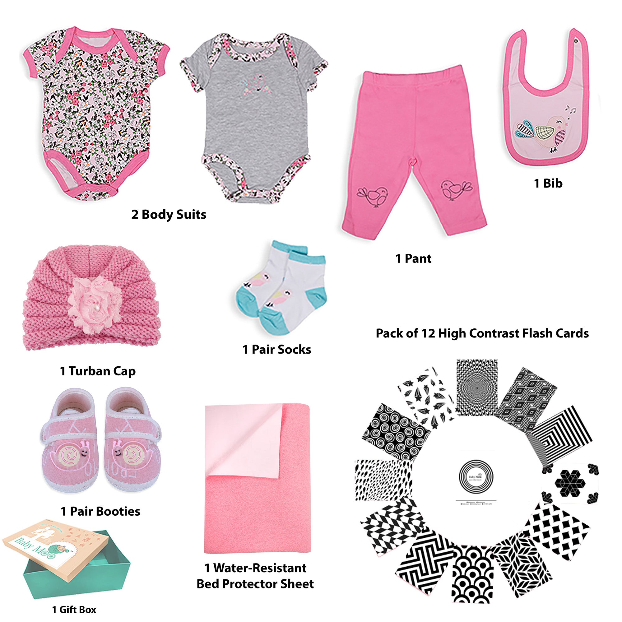 Baby Moo Pretty in Pink Little Girl 9 Pcs Gift Hamper - 0-9M Sizes Available - Baby Moo