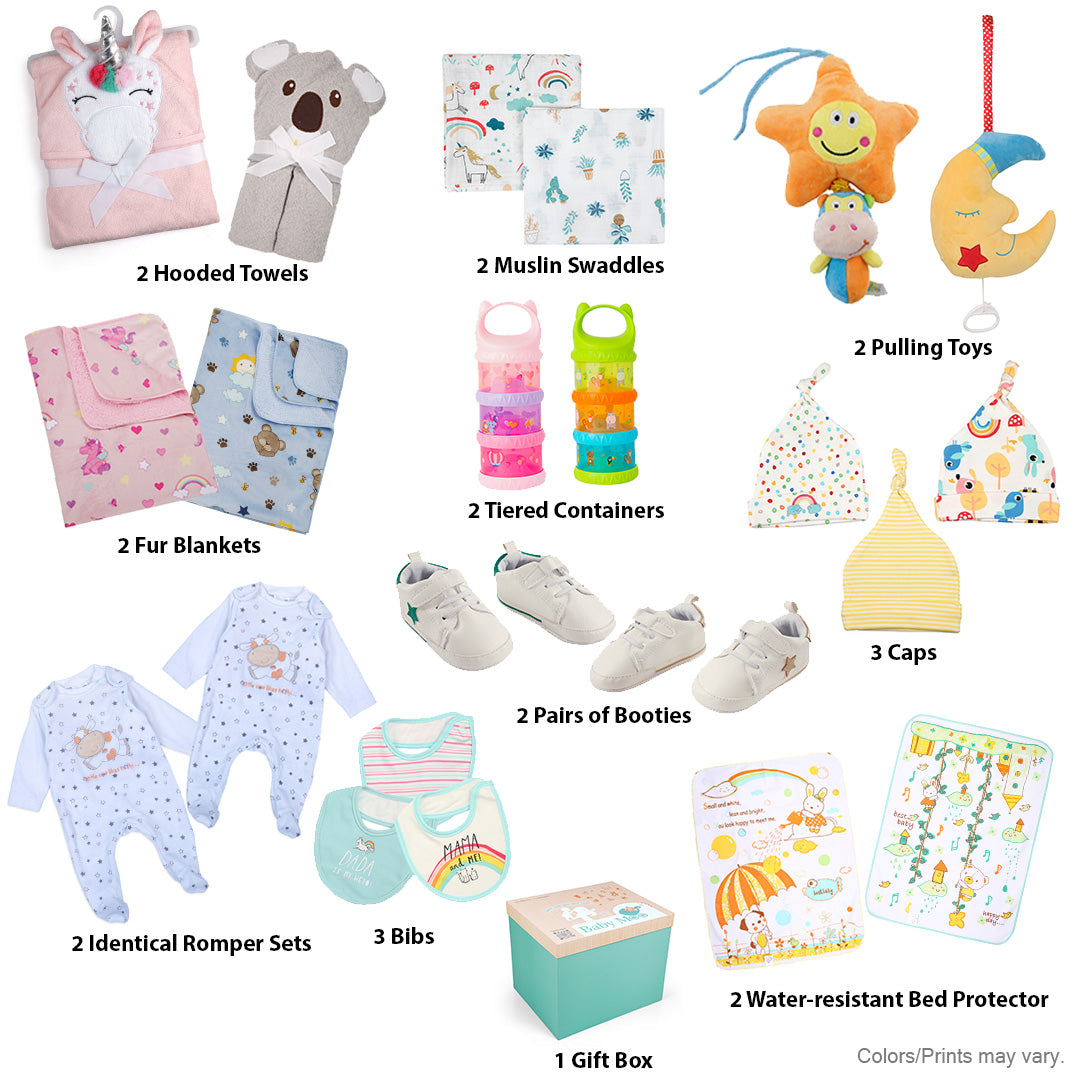 Baby Moo Stars And Rainbows Twin 22 Pcs Luxury Gift Hamper For Girl And Boy Multicolour - 0-12M Sizes Available - Baby Moo