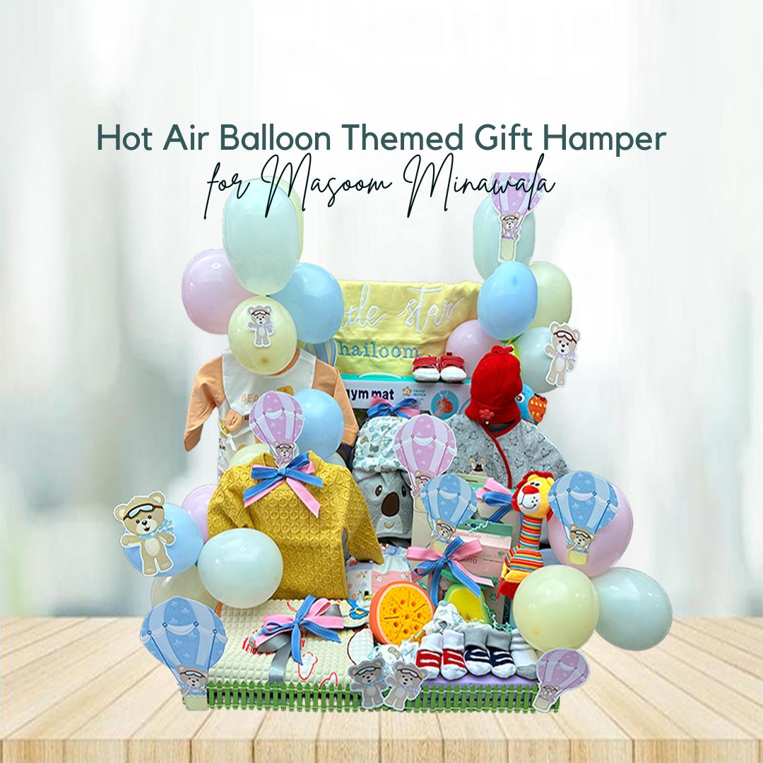 Baby Moo Hot Air Balloon Animal Themed Masoom 22 Pcs Luxury Gift Hamper Unisex Red - 0-12M Sizes Available - Baby Moo