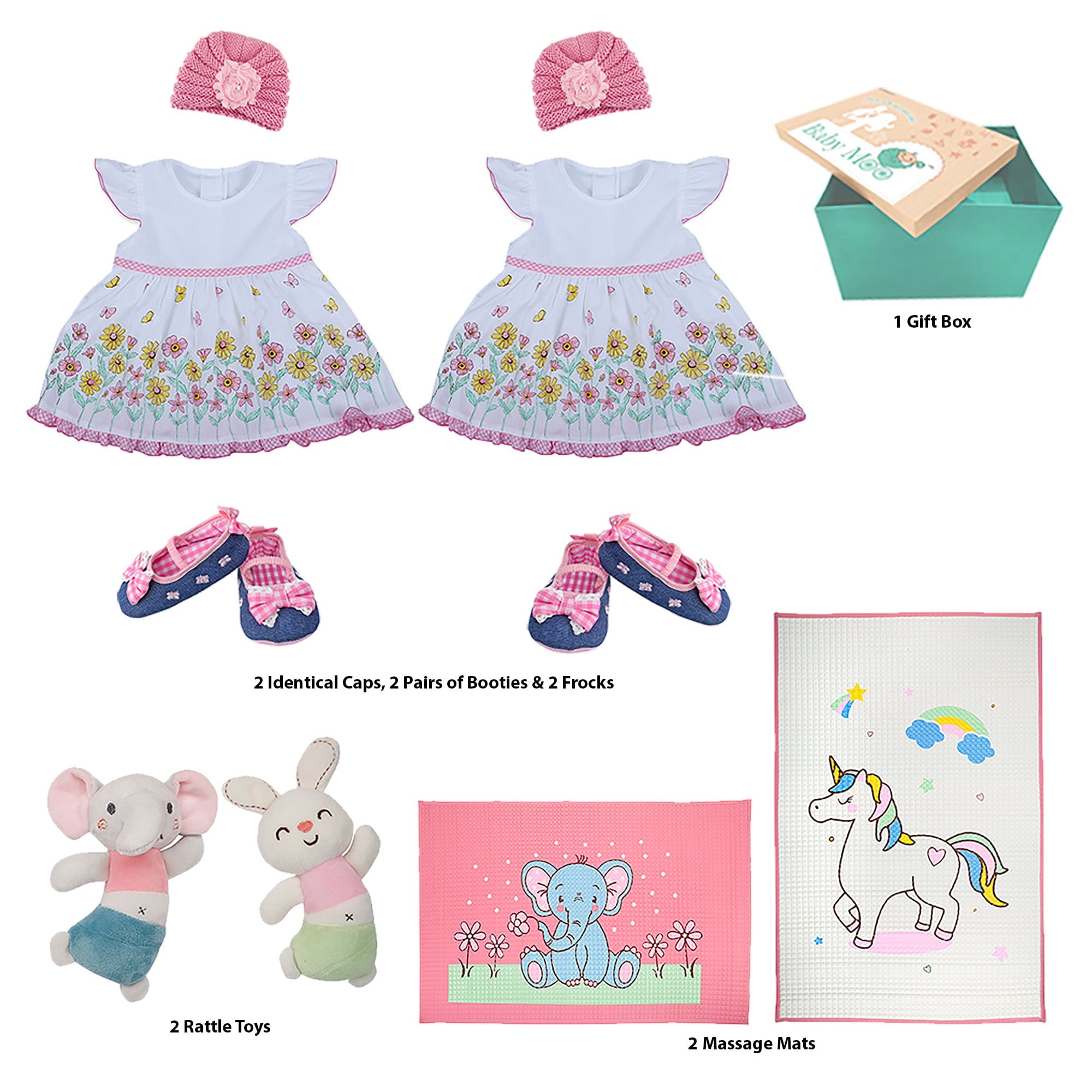 Baby Moo Twin Baby Girl Gift Hamper Pink 10 Pcs - 0-9M Sizes Available