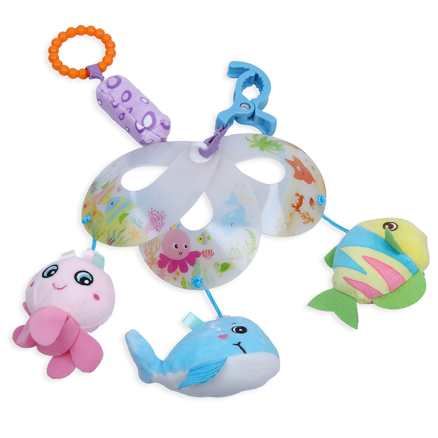 Ocean Friends Clip-On Foldable Rotating Wind Chime Cot Mobile With Hanging Rattle Toys - Multicolour - Baby Moo