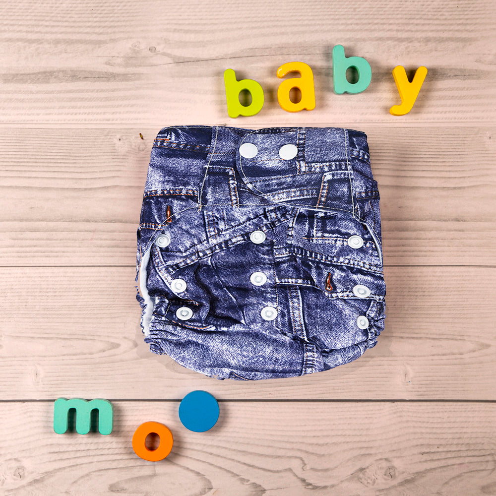 Denim Print Blue Adjustable & Washable Diaper - Baby Moo