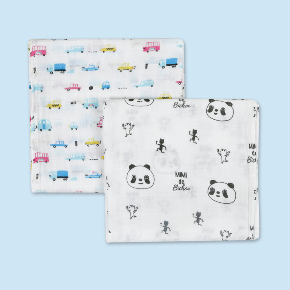 Pandas And Cars  Multicolour 2 Pk Muslin Swaddle