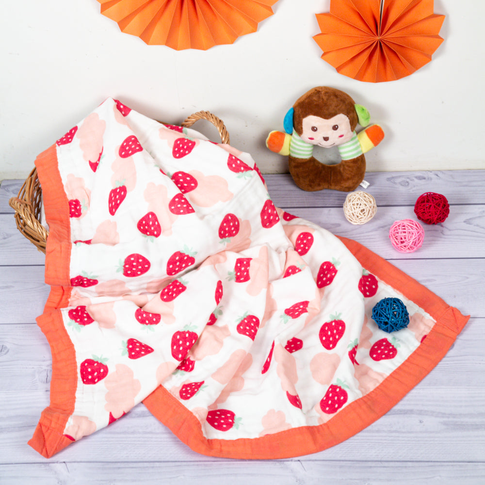 Strawberry White and Pink Small Muslin Blanket