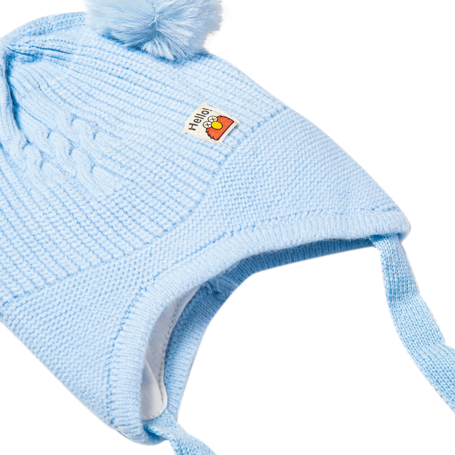 Knit Woollen Cap With Tie Knot For Ear Protection Solid Blue - Baby Moo