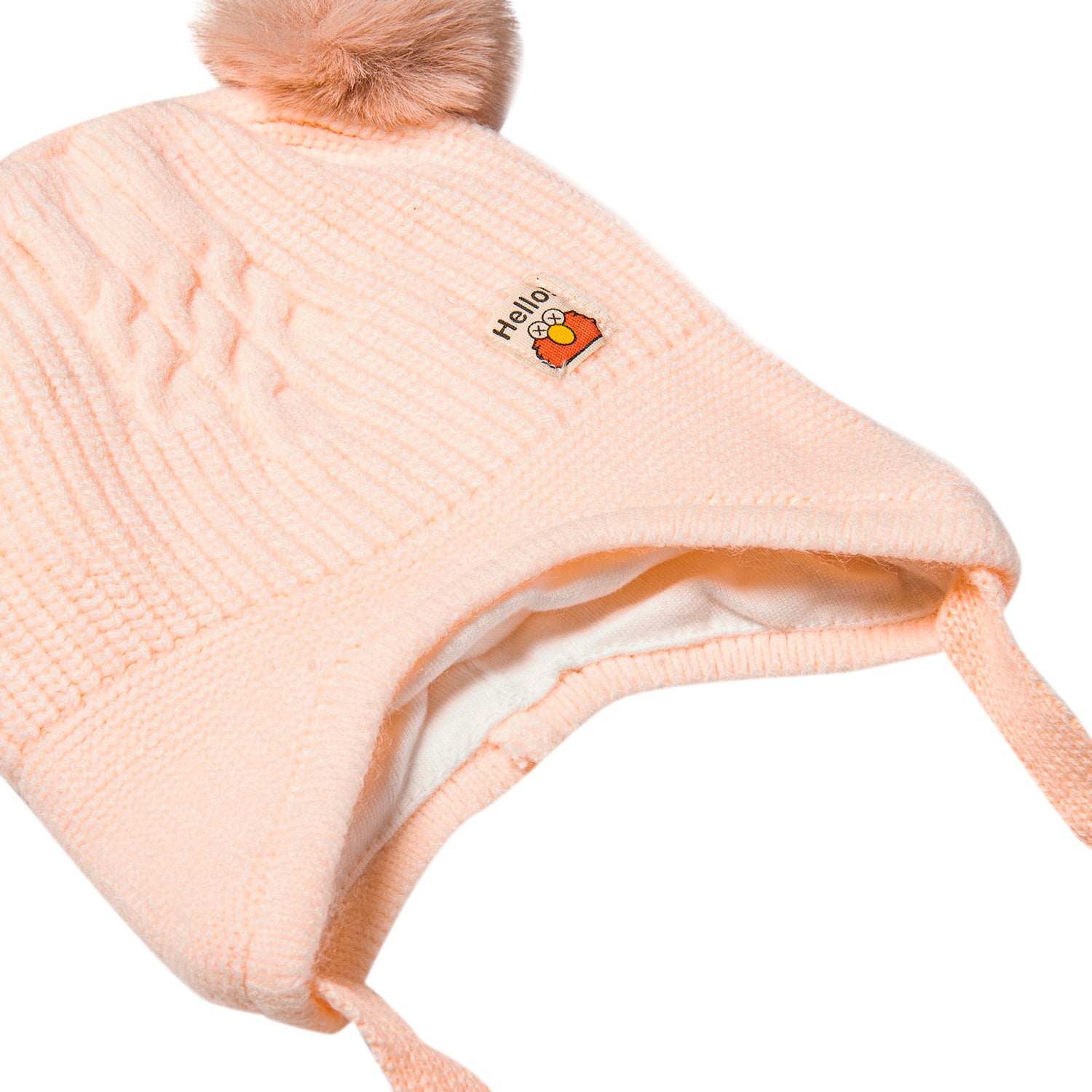 Knit Woollen Cap With Tie Knot For Ear Protection Solid Peach