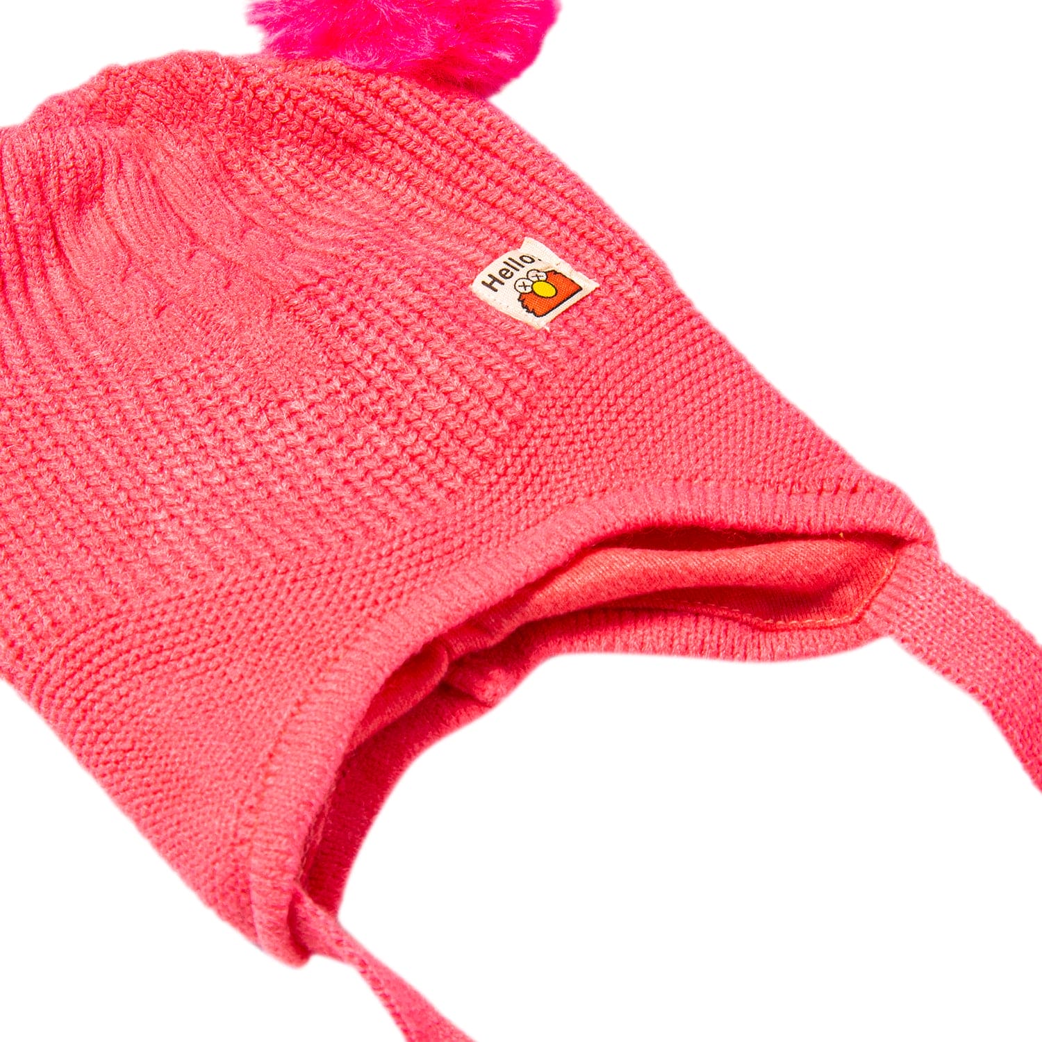 Knit Woollen Cap With Tie Knot For Ear Protection Solid Pink - Baby Moo