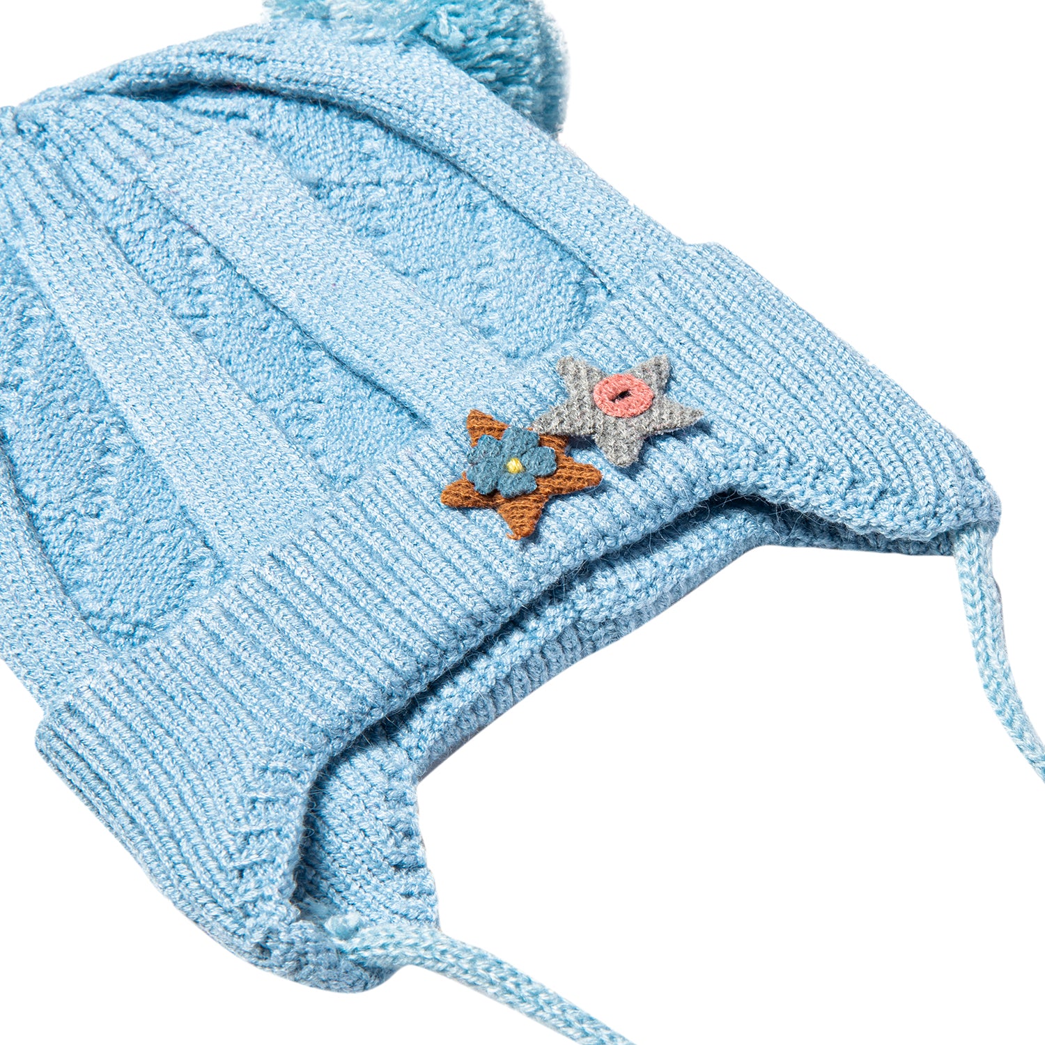 Knit Woollen Cap With Tie For Ear Cover Starry Pom Pom Blue - Baby Moo