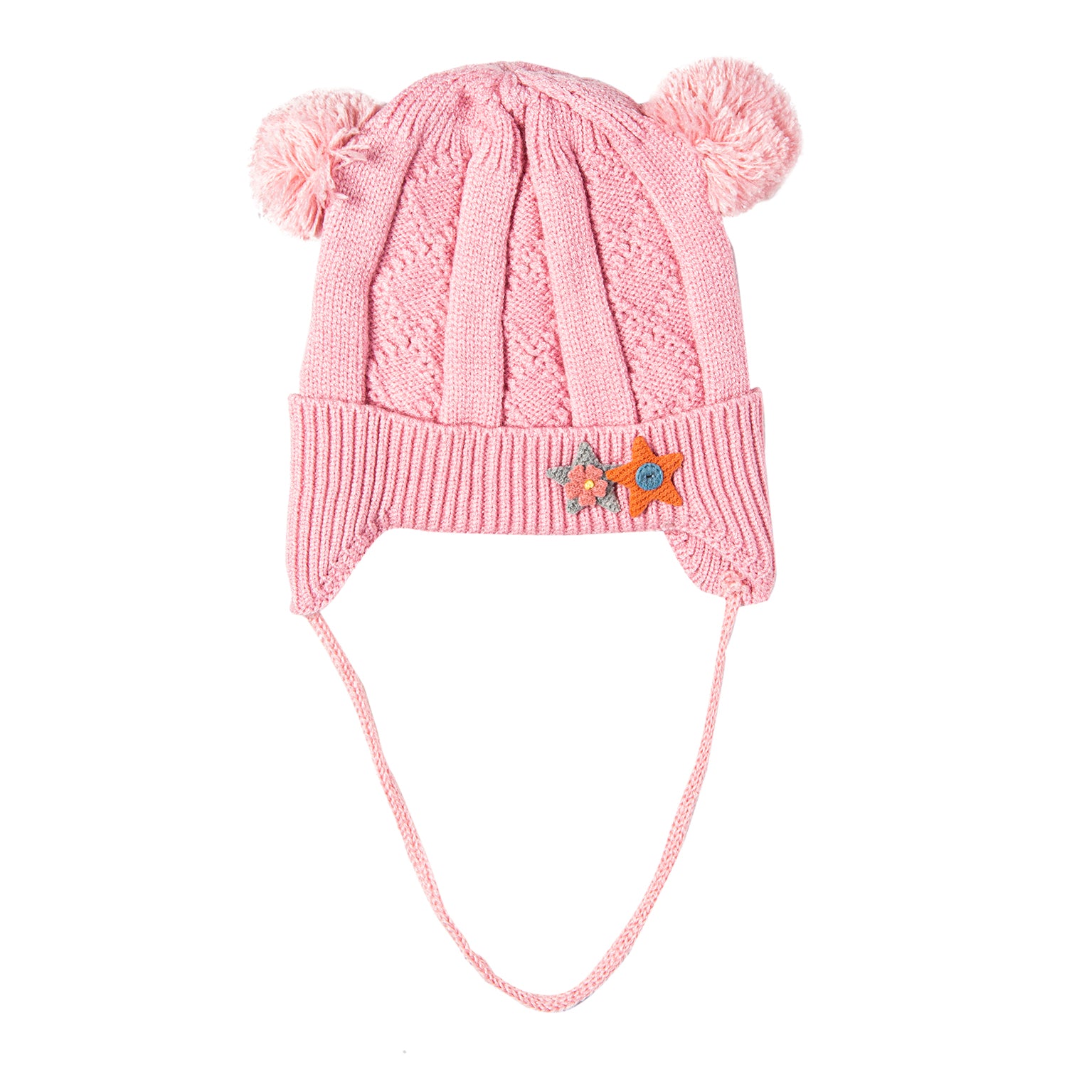 Knit Woollen Cap With Tie For Ear Cover Starry Pom Pom Pink