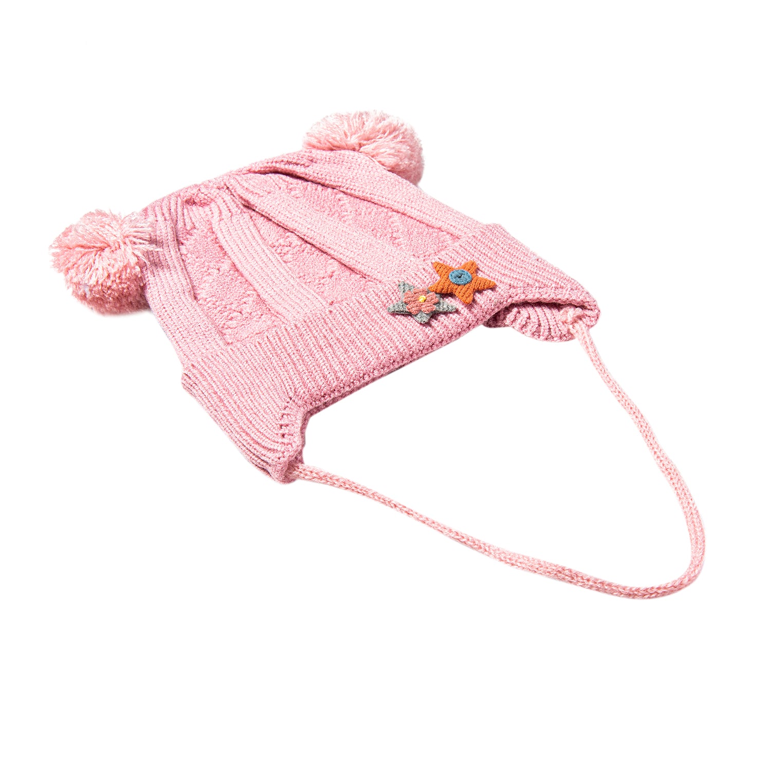 Knit Woollen Cap With Tie For Ear Cover Starry Pom Pom Pink - Baby Moo