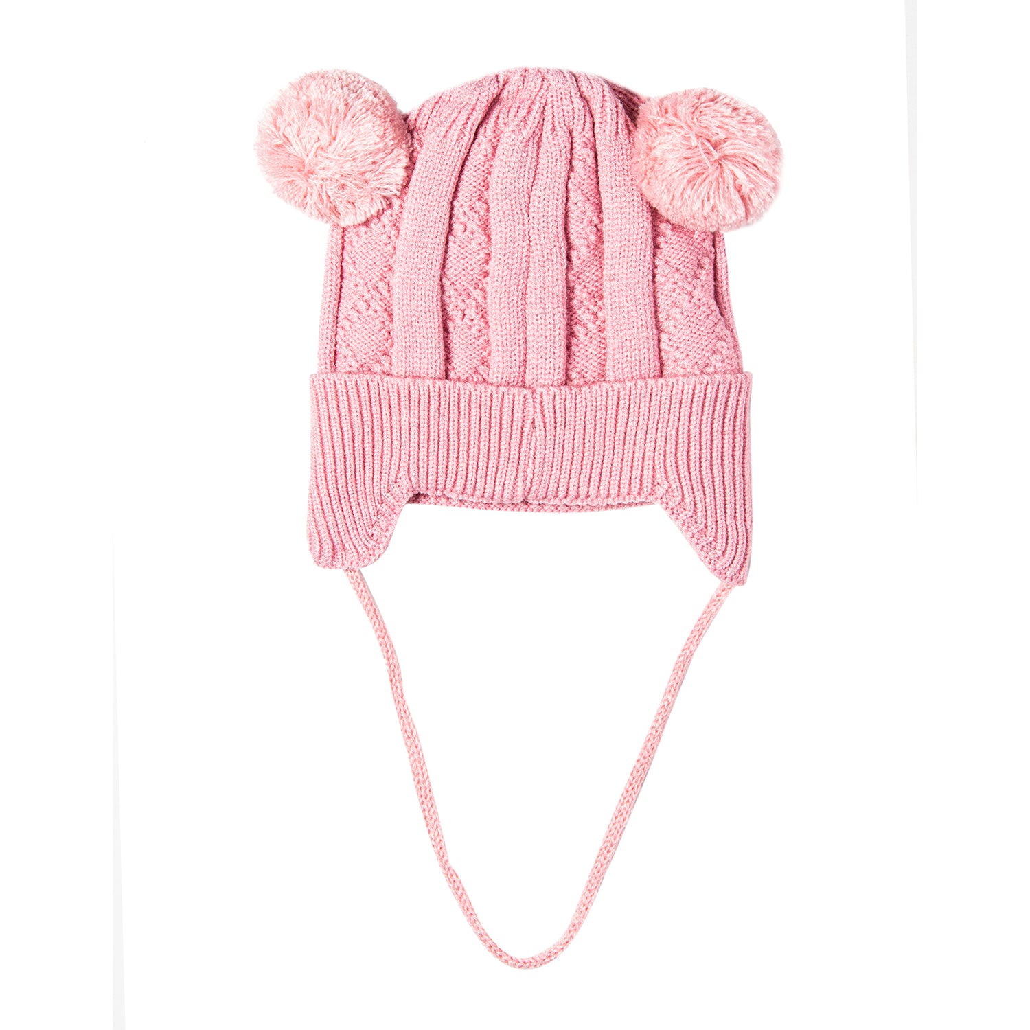 Knit Woollen Cap With Tie For Ear Cover Starry Pom Pom Pink - Baby Moo