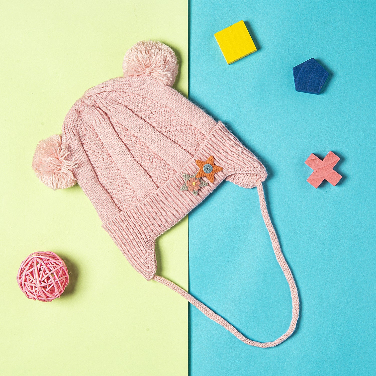 Knit Woollen Cap With Tie For Ear Cover Starry Pom Pom Pink