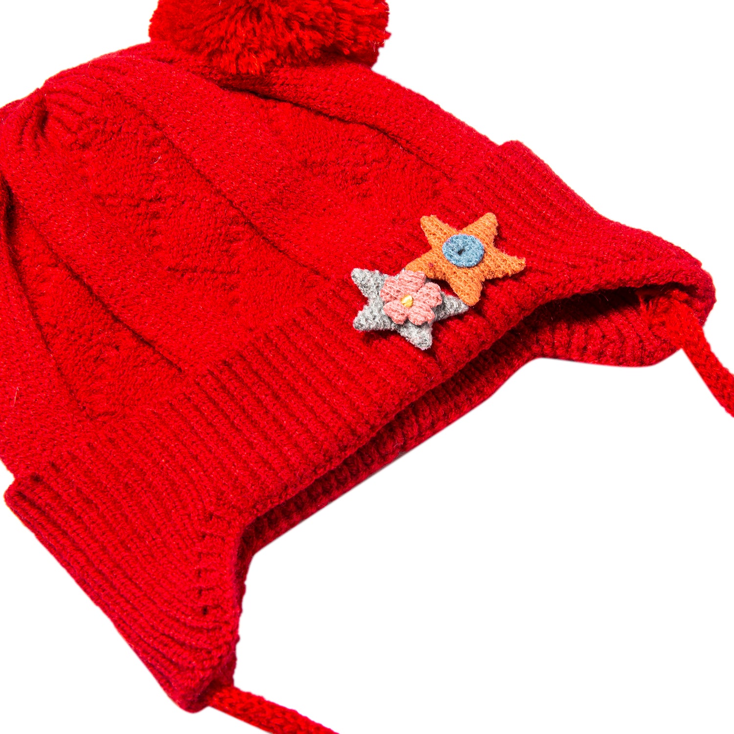 Knit Woollen Cap With Tie For Ear Cover Starry Pom Pom Red - Baby Moo