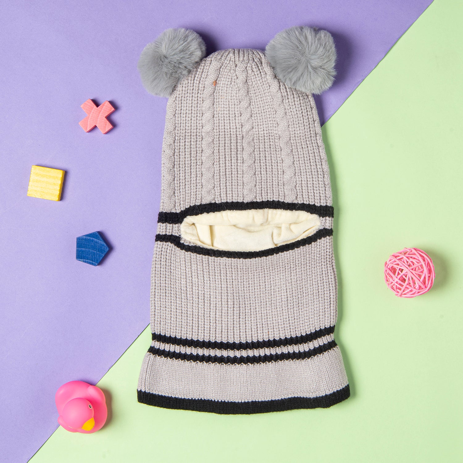 Winter Monkey Cap Woollen Hat Pom Pom Grey - Baby Moo