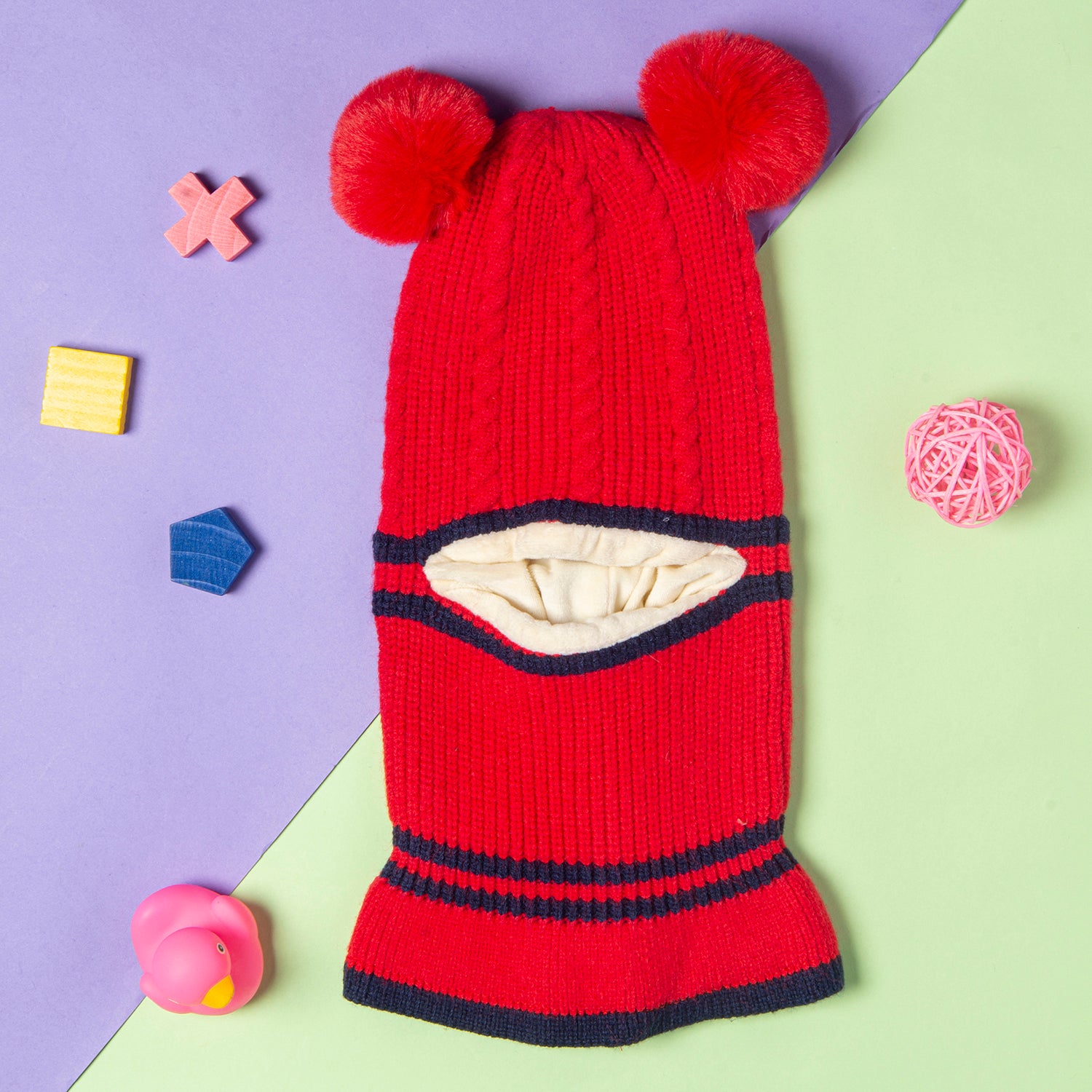 Winter Monkey Cap Woollen Hat Pom Pom Red - Baby Moo