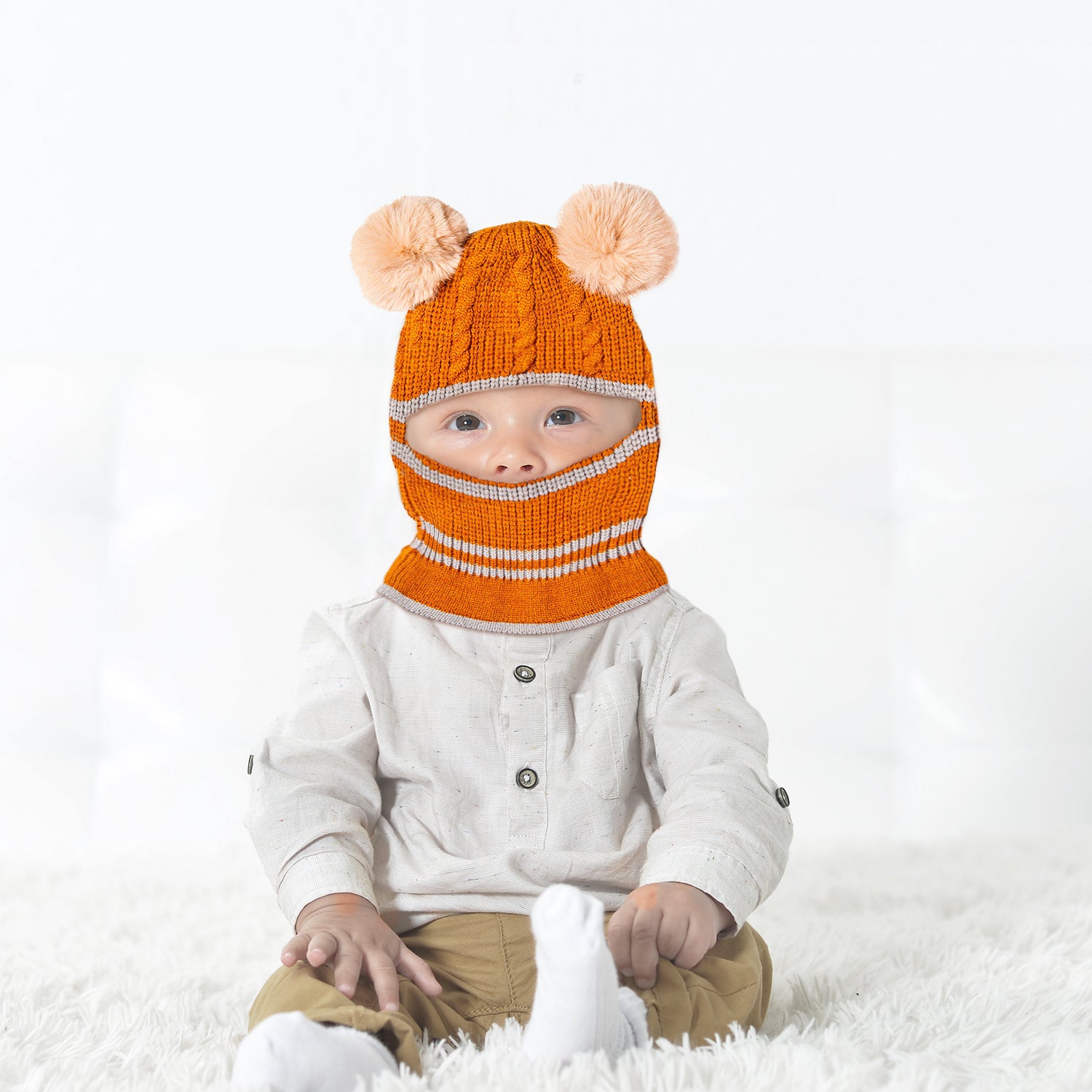 Winter Monkey Cap Woollen Hat Pom Pom Brown - Baby Moo