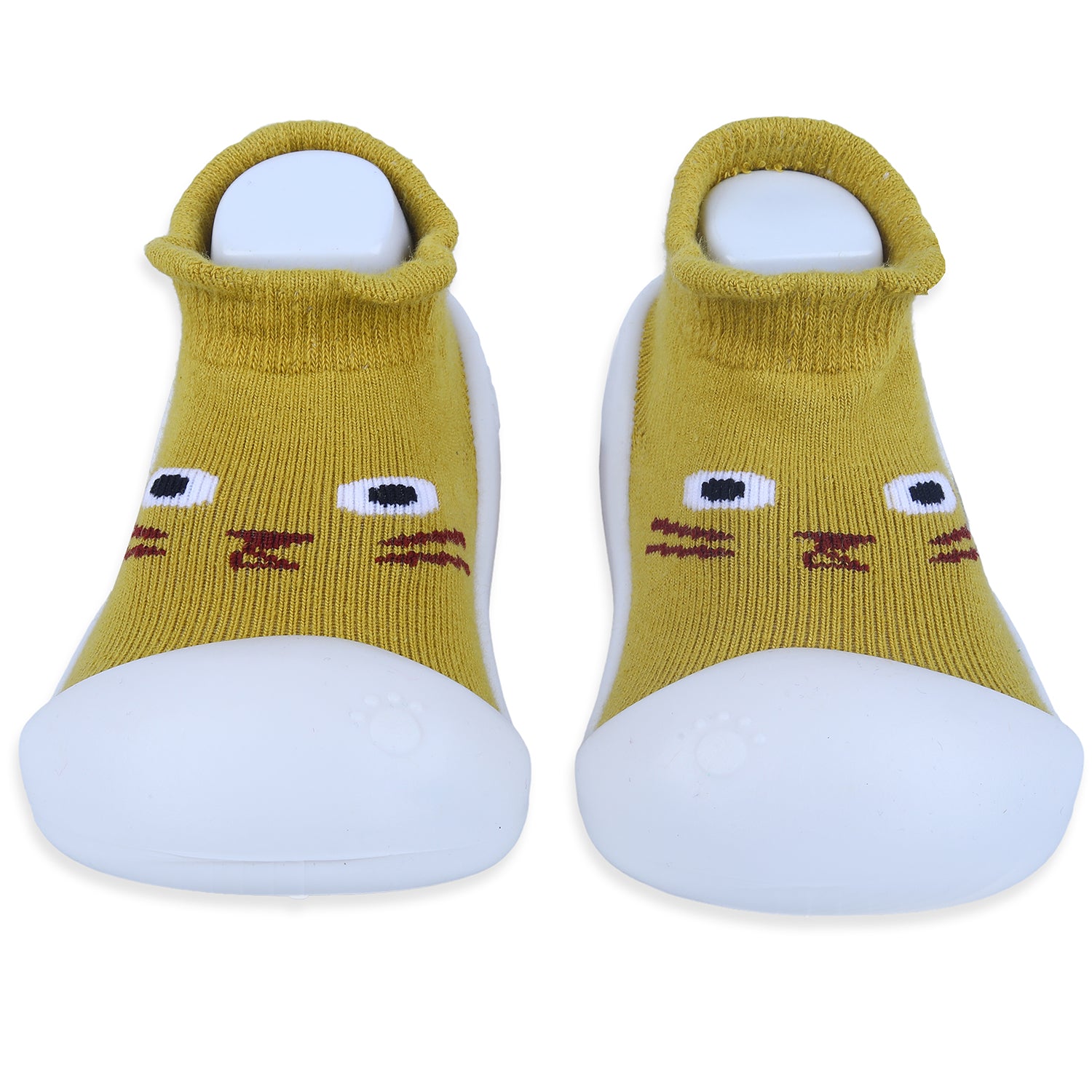 Baby Moo Curious Cat Face Rubber Comfortable Sole Slip-On Sock Shoes - Mustard
