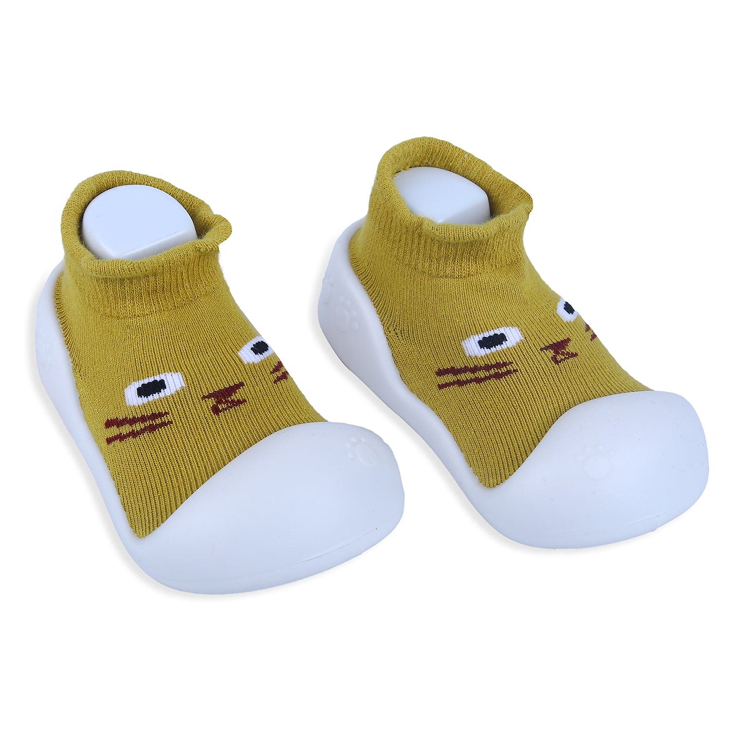 Baby Moo Curious Cat Face Rubber Comfortable Sole Slip-On Sock Shoes - Mustard - Baby Moo