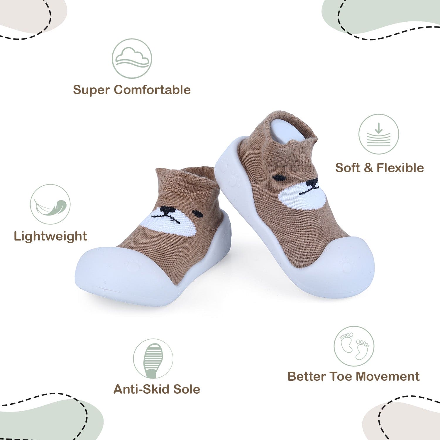 Baby Moo Cute Bear Rubber Comfortable Sole Slip-On Sock Shoes - Brown - Baby Moo