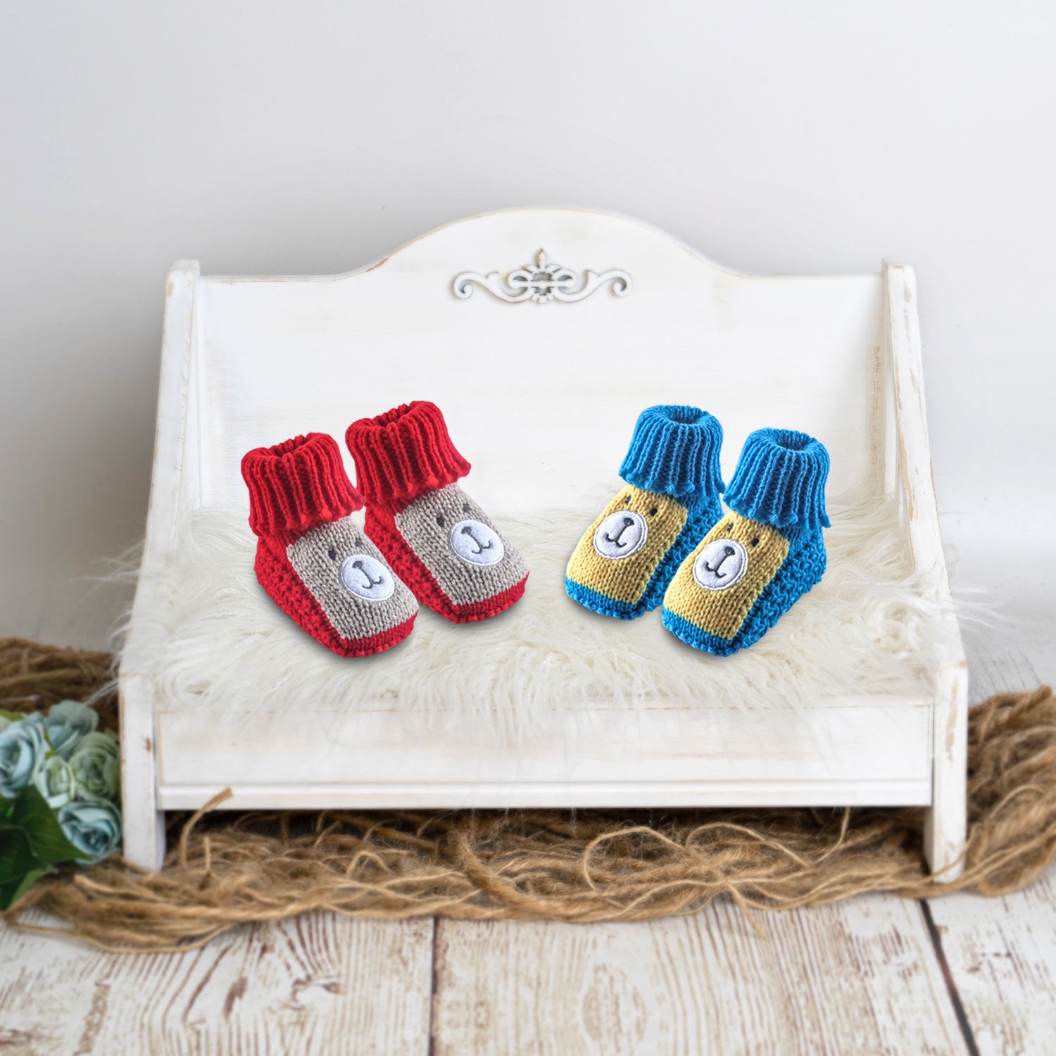 Newborn Crochet Woollen Booties Teddy - Red, Blue - Baby Moo
