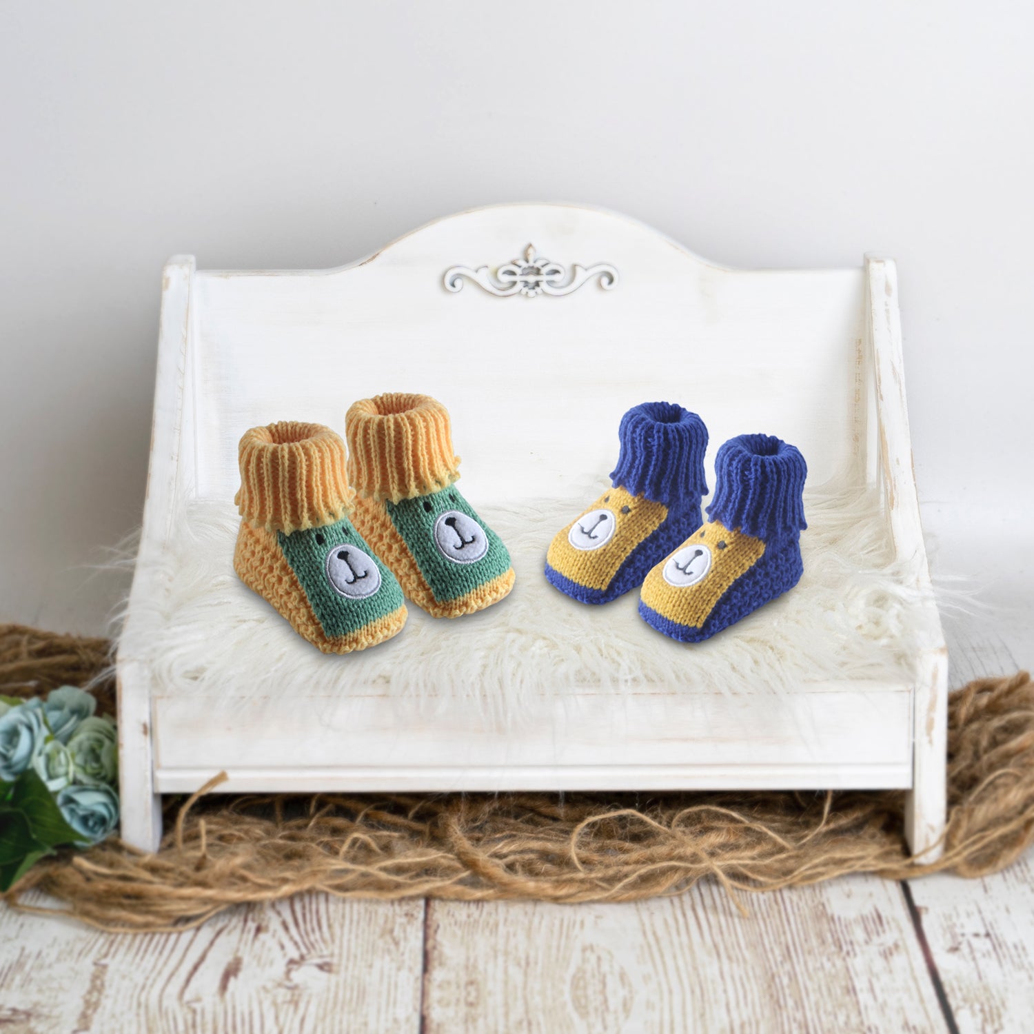 Newborn Crochet Woollen Booties Teddy - Yellow, Blue - Baby Moo