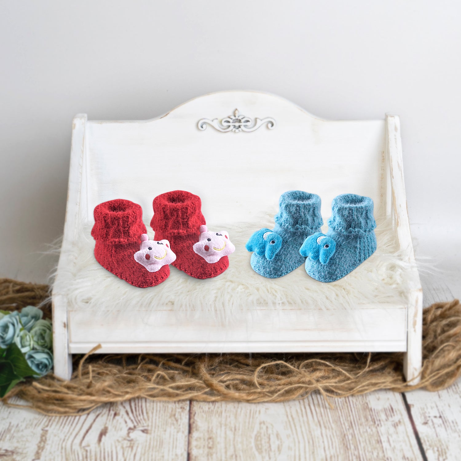 Newborn Crochet Woollen Booties Star Elephant - Blue, Red