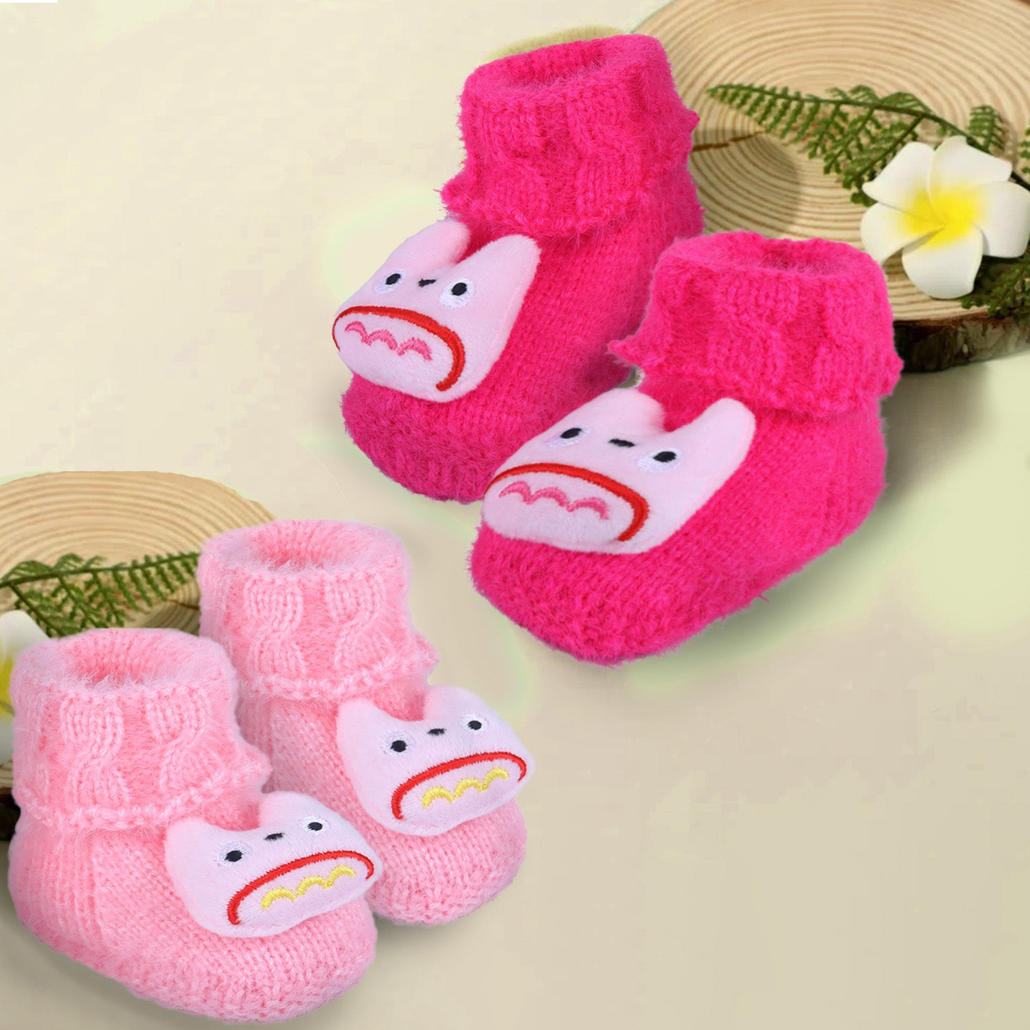 Baby Moo Cartoon Crochet Woollen 3D Socks Booties - Magenta - Baby Moo