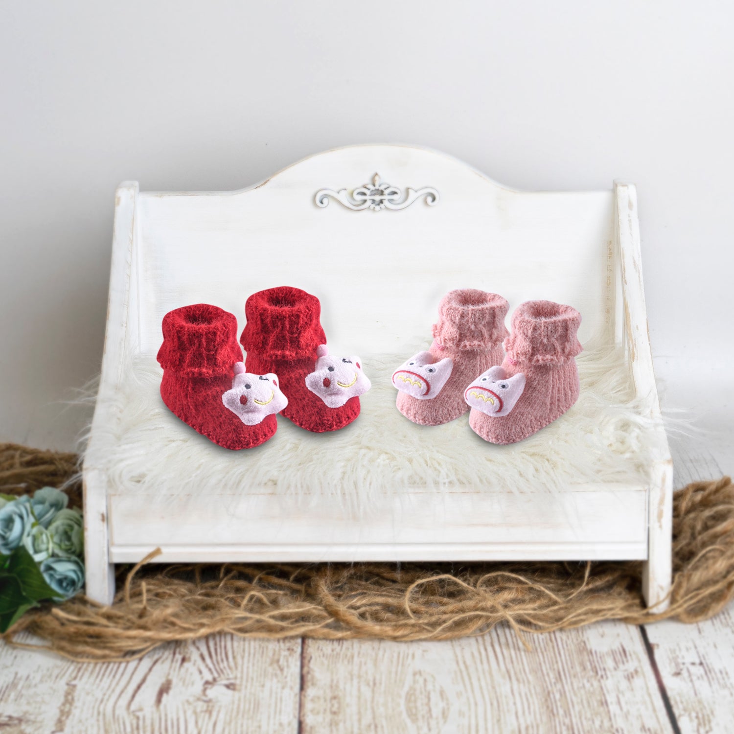 Newborn Crochet Woollen Booties Star - Peach, Red - Baby Moo