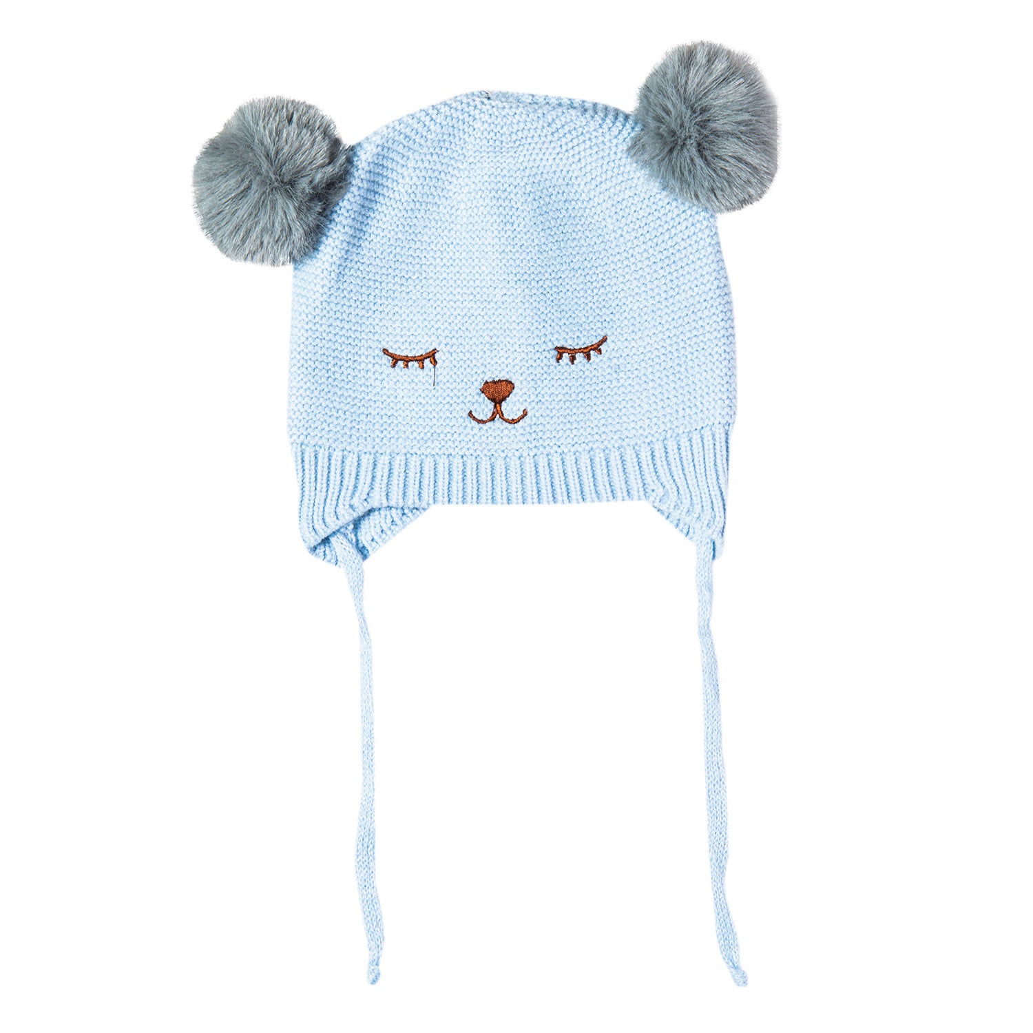 Knit Woollen Cap With Tie Knot For Ear Cover Sleeping Pom Pom Blue