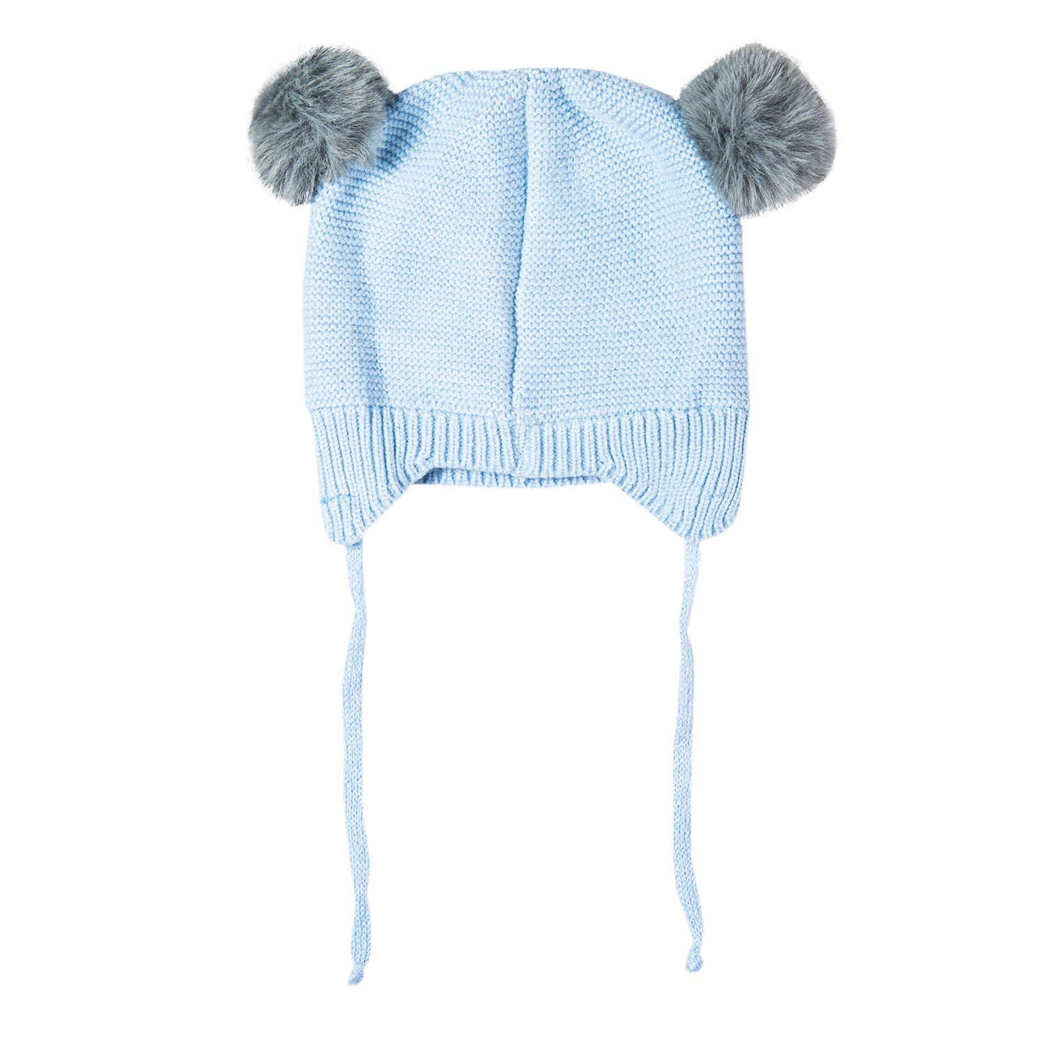 Knit Woollen Cap With Tie Knot For Ear Cover Sleeping Pom Pom Blue - Baby Moo