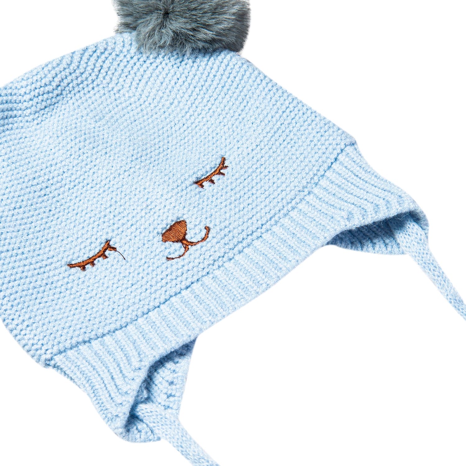 Knit Woollen Cap With Tie Knot For Ear Cover Sleeping Pom Pom Blue - Baby Moo