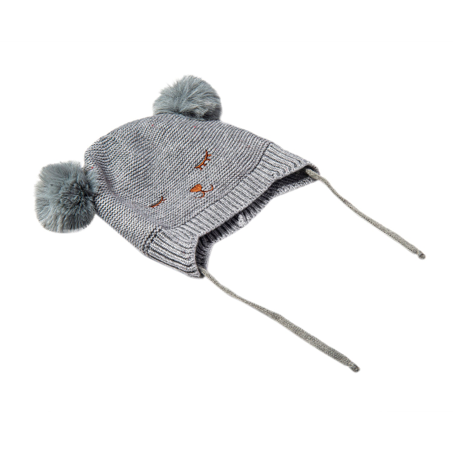 Knit Woollen Cap With Tie Knot For Ear Cover Sleeping Pom Pom Grey - Baby Moo