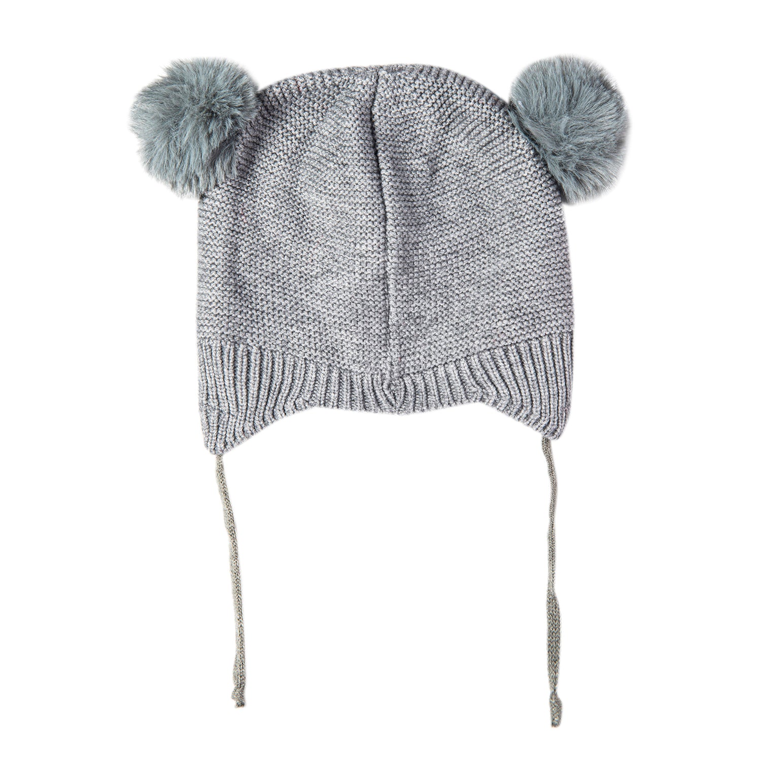 Knit Woollen Cap With Tie Knot For Ear Cover Sleeping Pom Pom Grey